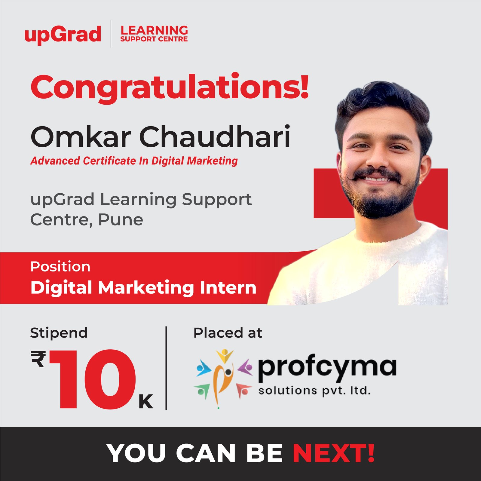 Omkar Chaudhari was placed at Profcyma Solutions Pvt. Ltd. as a Digital Marketing Intern with a stipend of 10K.